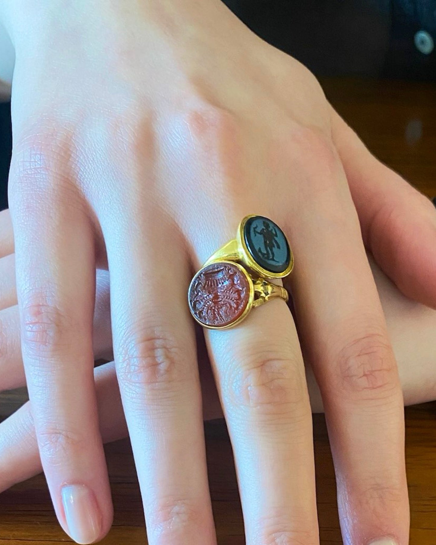 PAIR OF ANTIQUE INTAGLIO, CHALCEDONY, CARNELIAN & GOLD RINGS