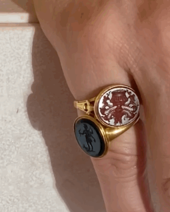 PAIR OF ANTIQUE INTAGLIO, CHALCEDONY, CARNELIAN & GOLD RINGS