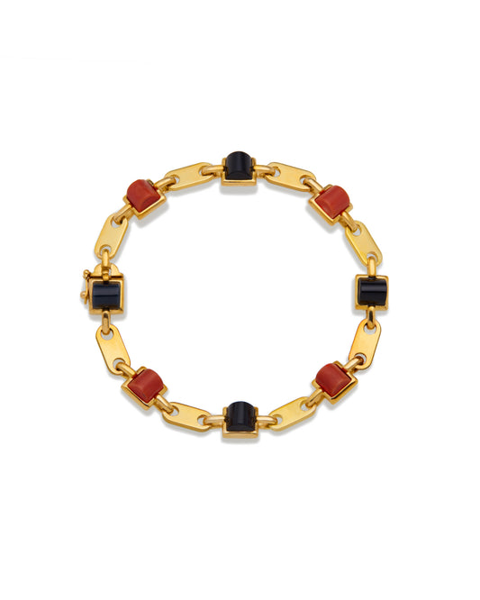 CARTIER GOLD, CORAL & ONYX LINKS BRACELET, 1970s