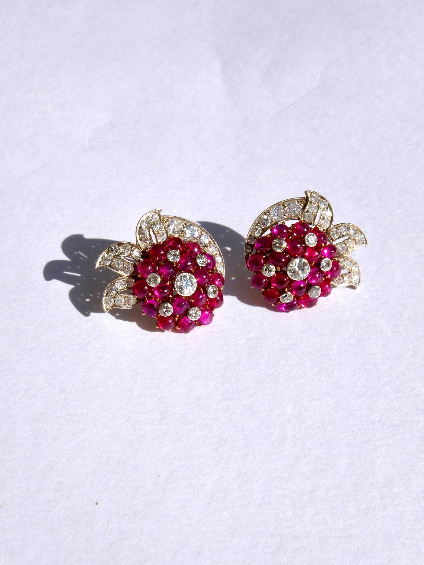 BURMA RUBY, DIAMOND & PLATINUM EARRINGS, 1950s