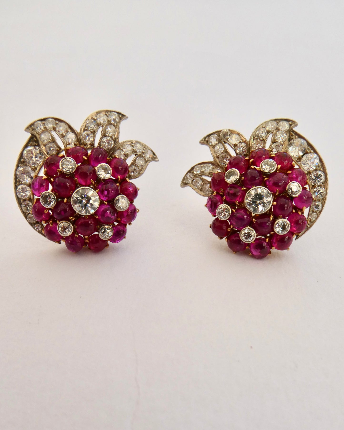BURMA RUBY, DIAMOND & PLATINUM EARRINGS, 1950s
