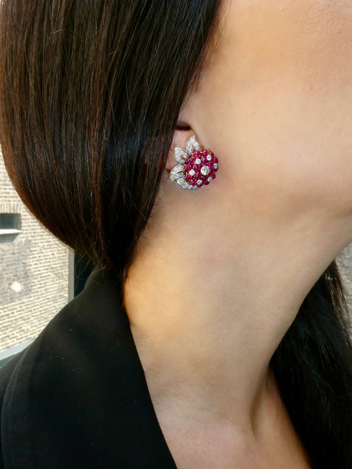 BURMA RUBY, DIAMOND & PLATINUM EARRINGS, 1950s