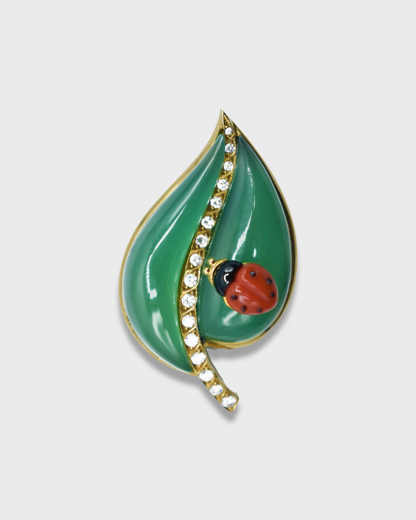 BVLGARI CHALCEDONY, DIAMOND, CORAL & ONYX LEAF BROOCH, c.1990
