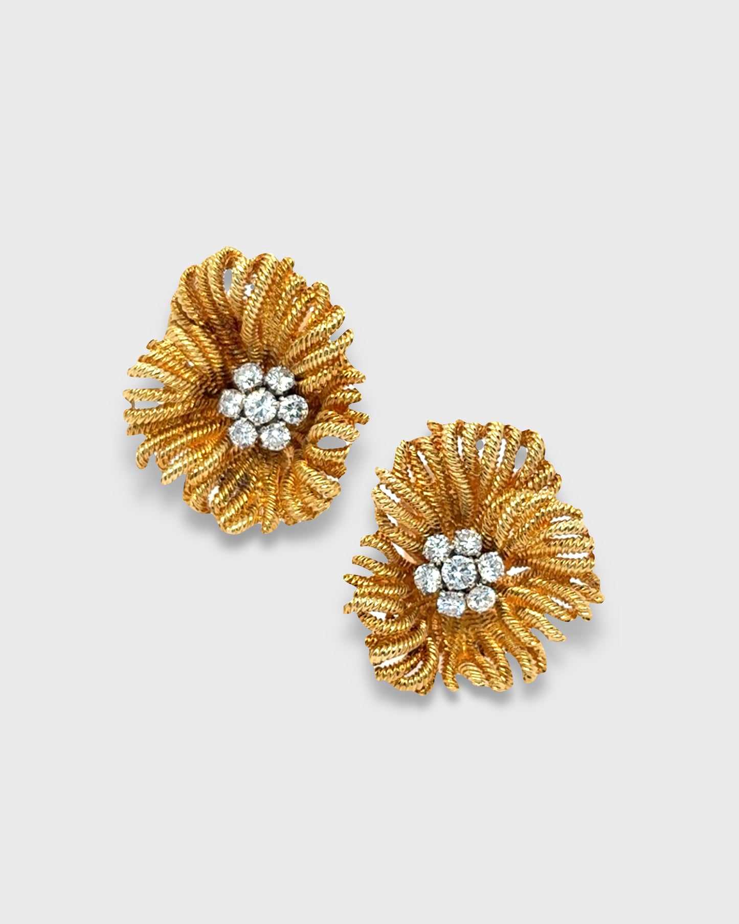 VAN CLEEF & ARPELS DIAMONDS, PLATINUM & YELLOW GOLD FLORAL EARRINGS, 1970s