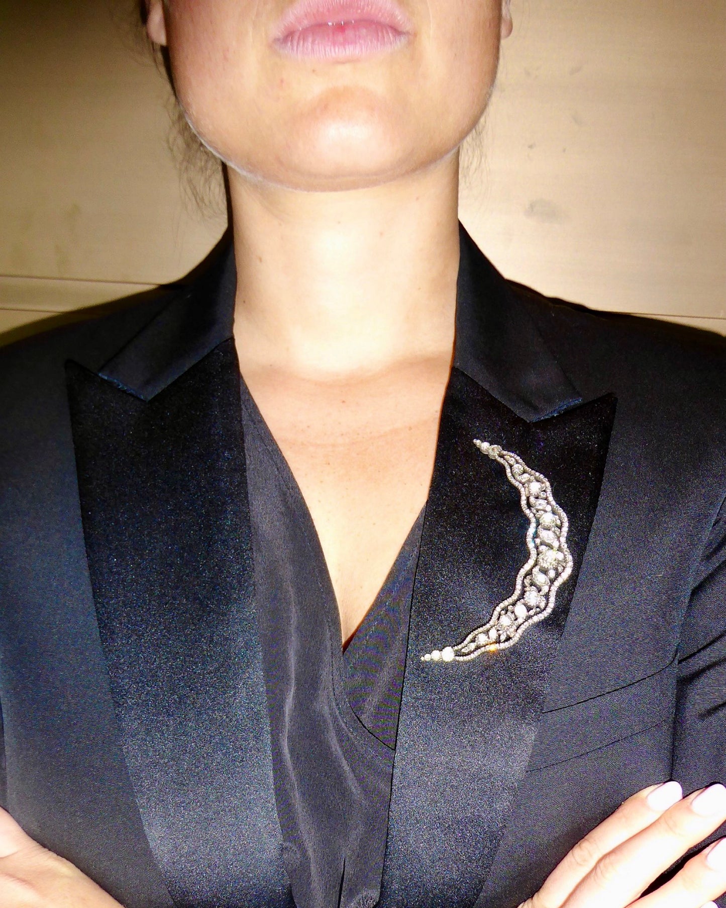 DIAMOND, GOLD & SILVER VICTORIAN CRESCENT MOON BROOCH