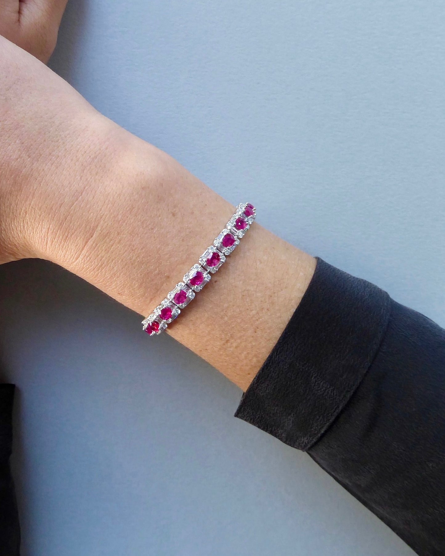 BURMA RUBY, DIAMOND & WHITE GOLD TENNIS BRACELET, c.2000