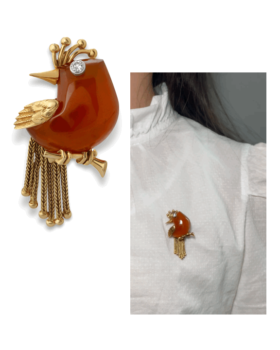CARTIER LONDON CARNELIAN, DIAMOND & GOLD BROOCH, 1960s