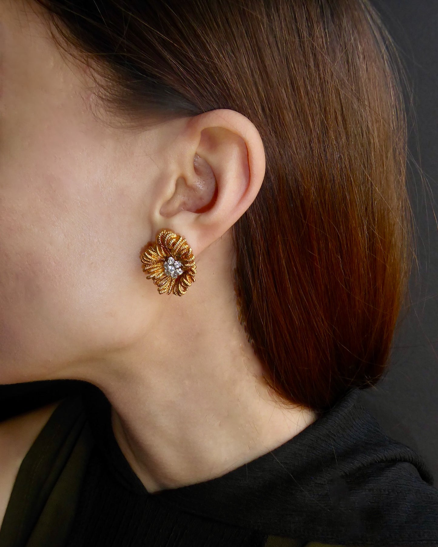 VAN CLEEF & ARPELS DIAMONDS, PLATINUM & YELLOW GOLD FLORAL EARRINGS, 1970s