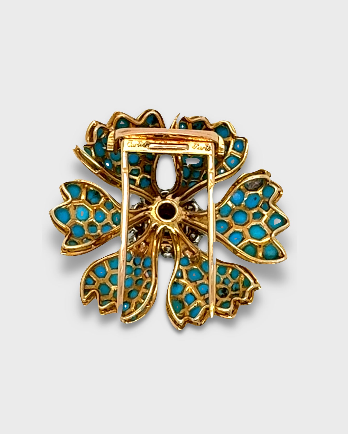 CARTIER PARIS TURQUOISE, SAPPHIRE, DIAMONDS & YELLOW GOLD FLORAL BROOCH, 1960s