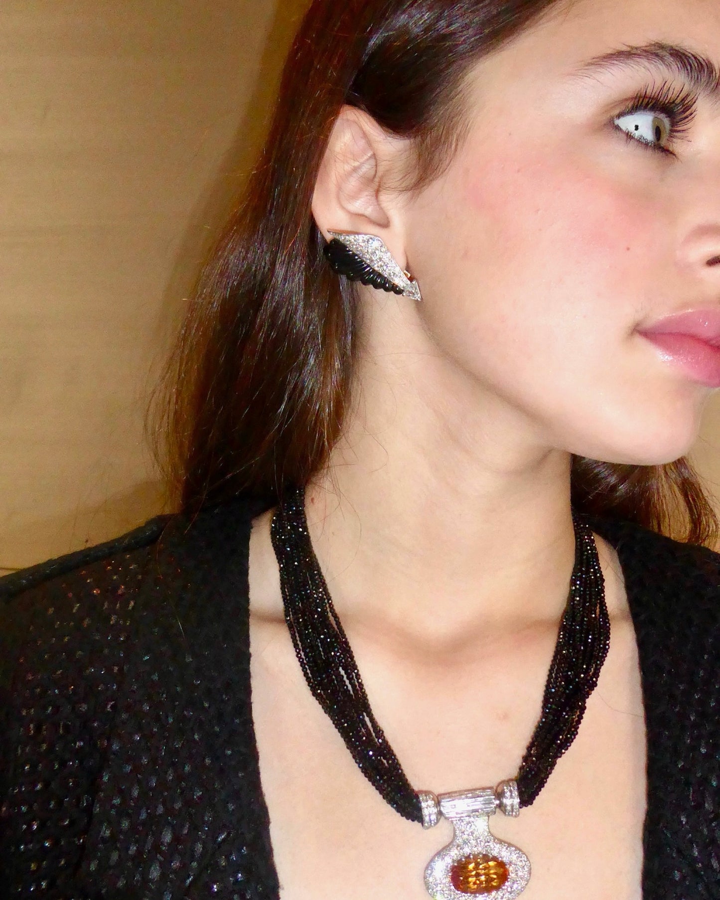 DIAMONDS, ONYX, PLATINUM & YELLOW GOLD EARRINGS, 1980s