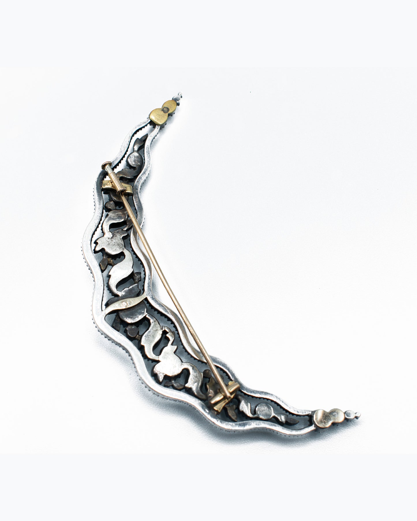 DIAMOND, GOLD & SILVER VICTORIAN CRESCENT MOON BROOCH
