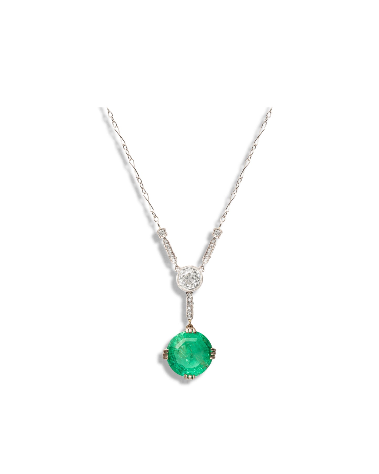 ART DÉCO COLOMBIAN EMERALD, DIAMONDS & PLATINUM PENDANT, 1920s