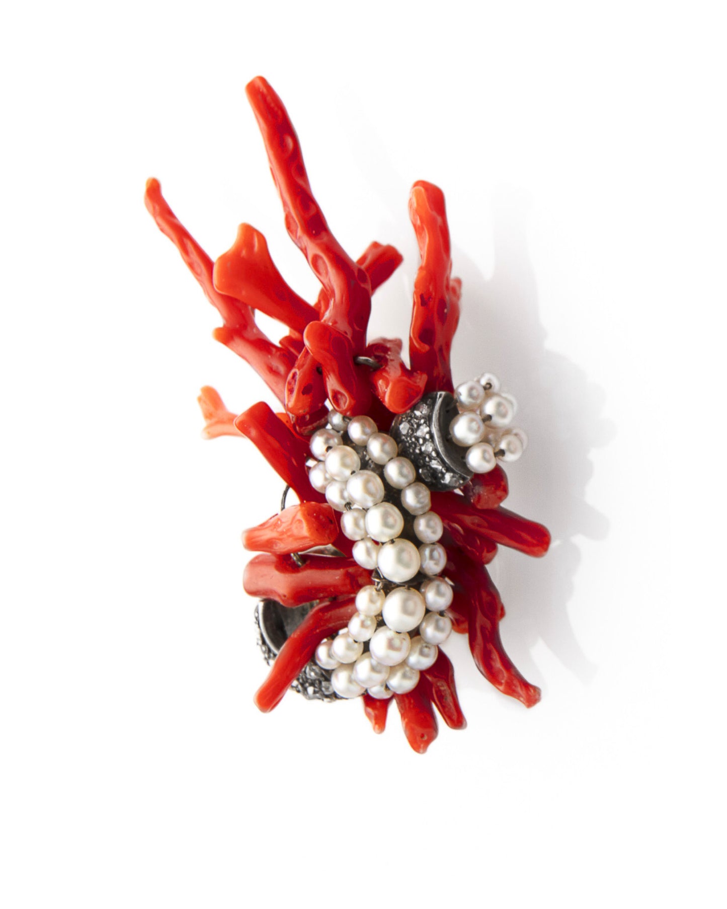 RENÉ BOIVIN DIAMOND, CORAL, PEARL & GOLD EARCLIPS, 1965