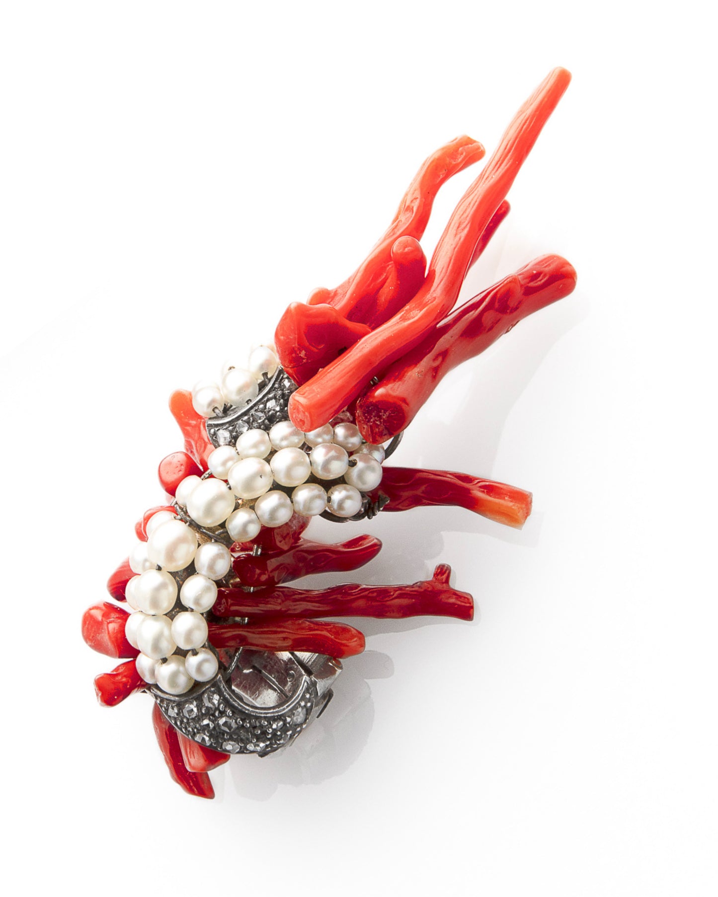 RENÉ BOIVIN DIAMOND, CORAL, PEARL & GOLD EARCLIPS, 1965