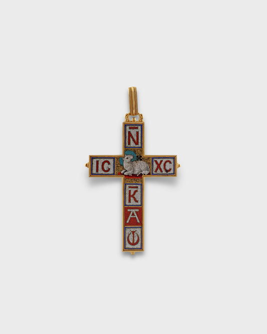 CIVILOTTI MICROMOSAIC & YELLOW GOLD CROSS PENDANT, 1890s