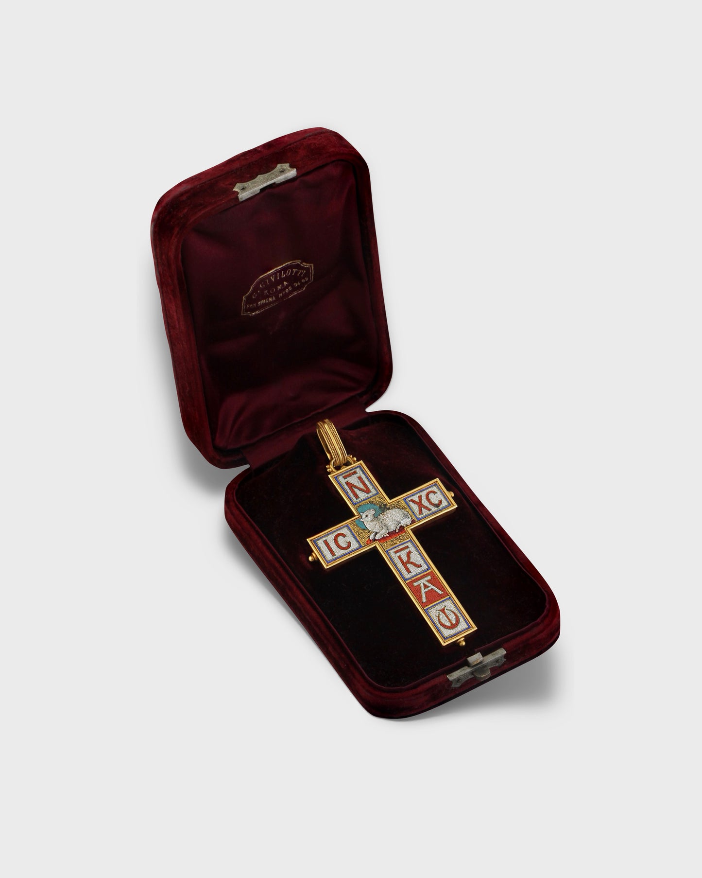 CIVILOTTI MICROMOSAIC & YELLOW GOLD CROSS PENDANT, 1890s