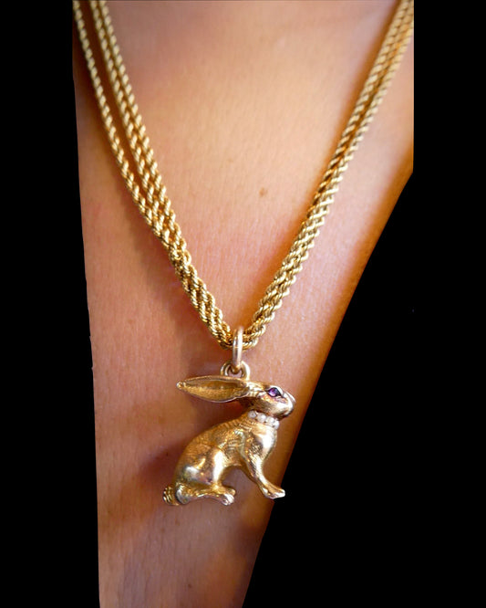 GOLD, PEARL & AMETHYST RABBIT PENDANT NECKLACE, 1880s