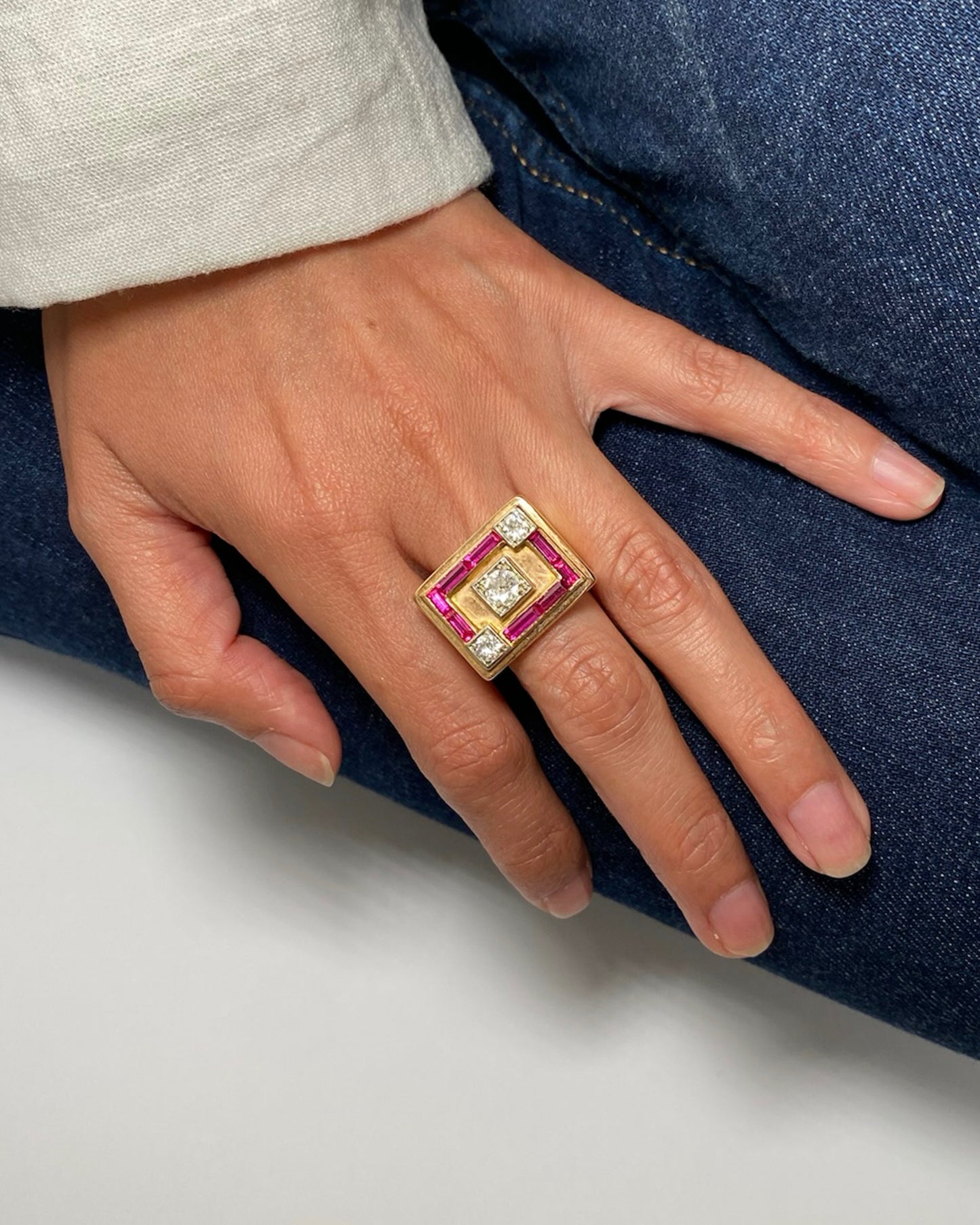 RUBY, DIAMOND & ROSE GOLD TANK RING, 1940s