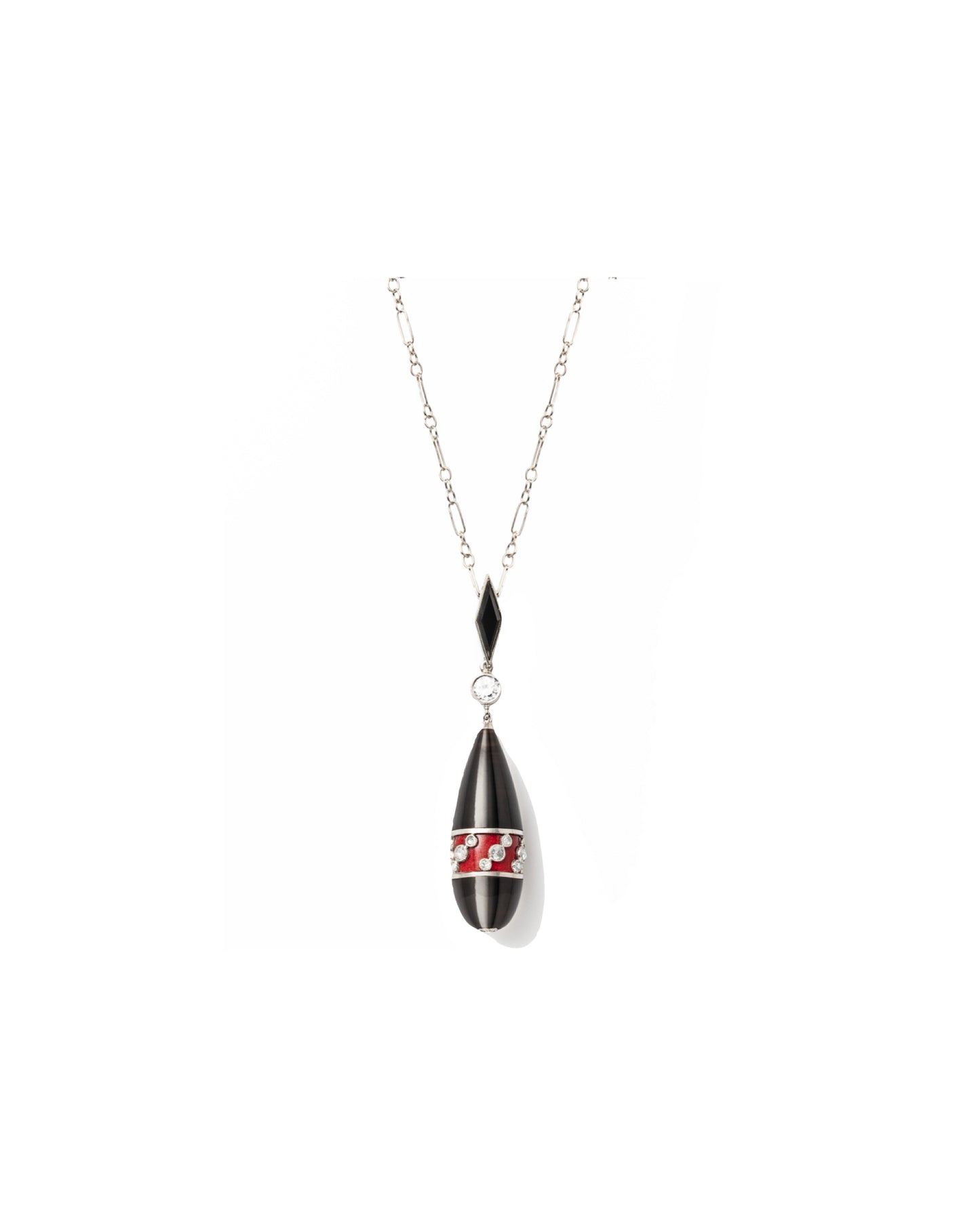 ART DÉCO DIAMOND, ENAMEL, ONYX, PLATINUM & GOLD PENDANT NECKLACE, 1920s