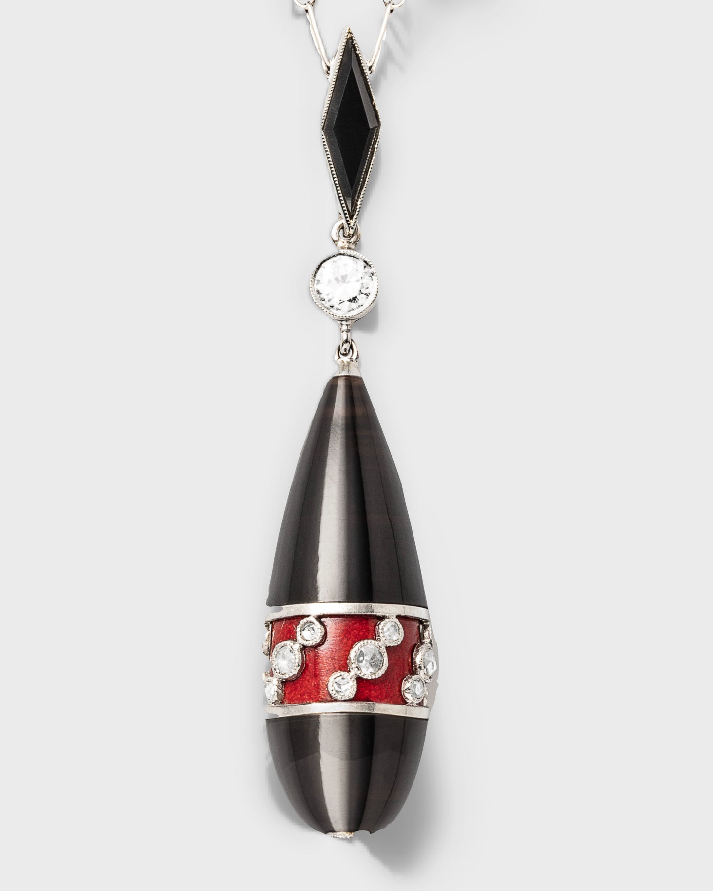 ART DÉCO DIAMOND, ENAMEL, ONYX, PLATINUM & GOLD PENDANT NECKLACE, 1920s