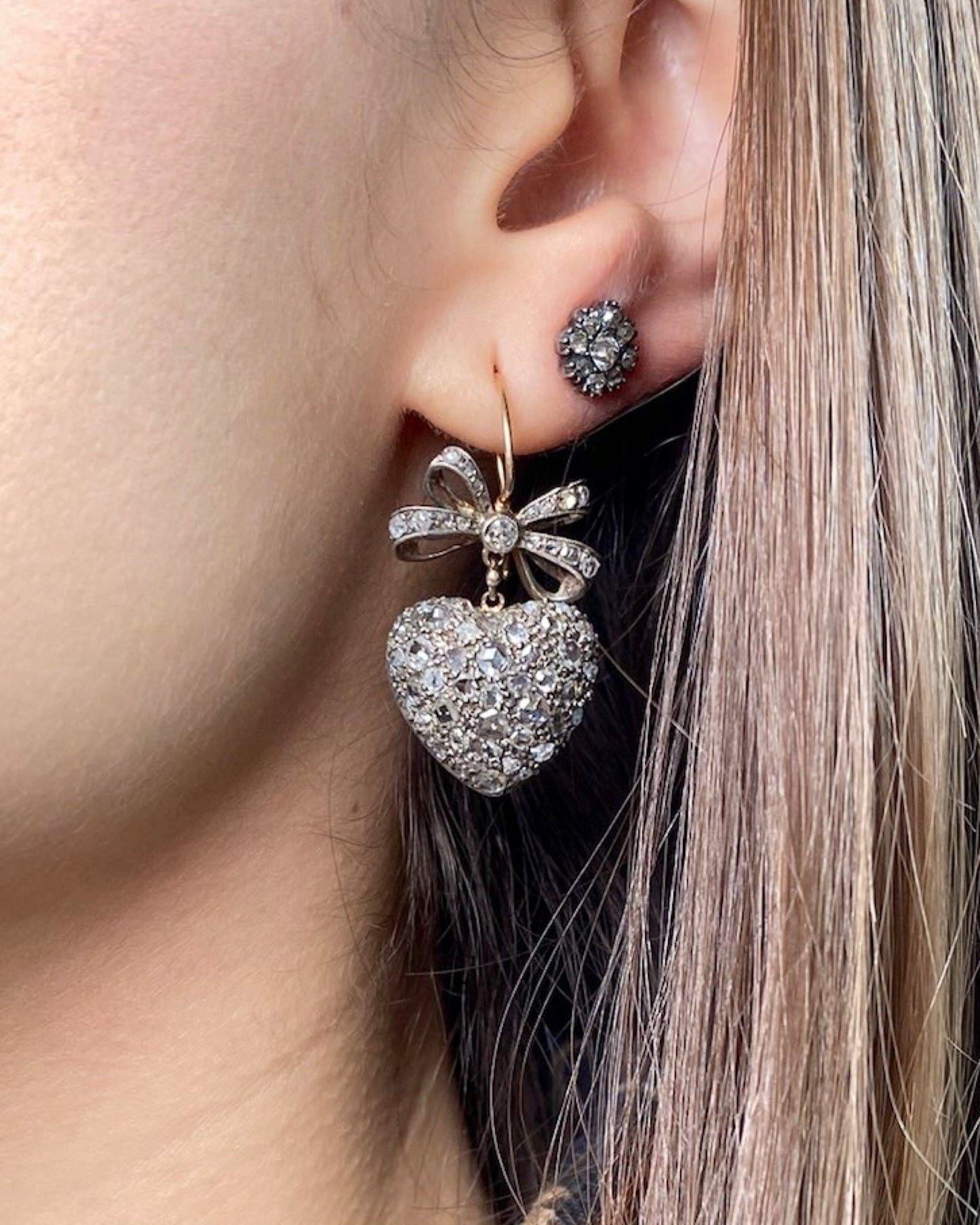 BELLE ÉPOQUE DIAMOND, 15k GOLD & SILVER EARRINGS, 1890s