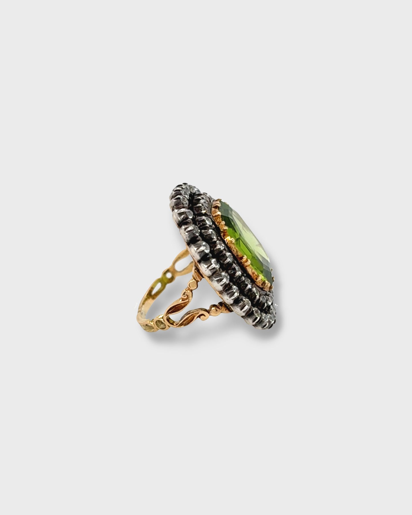 PERIDOT & DIAMONDS ON SILVER & GOLD CLUSTER RING, 1890s