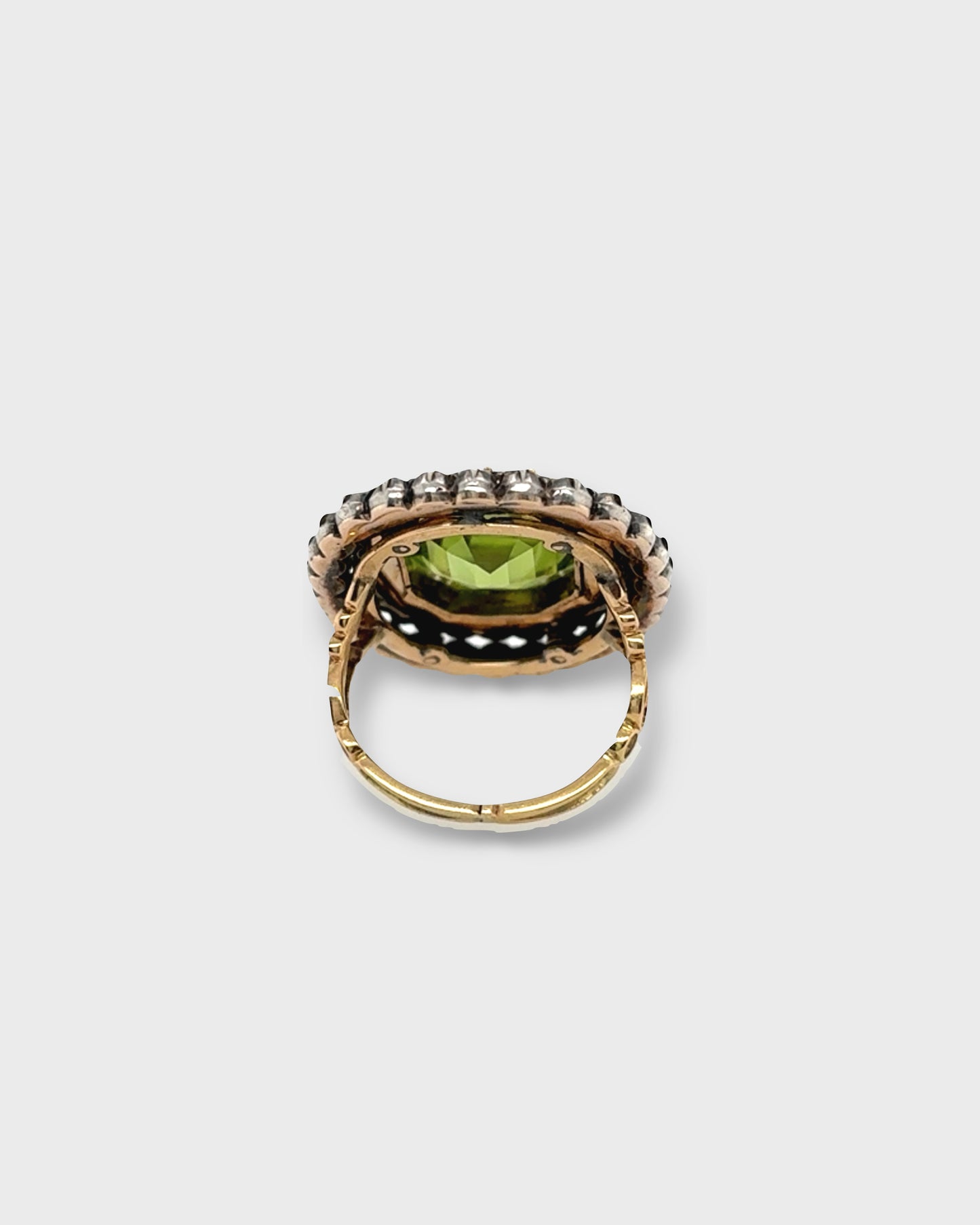 PERIDOT & DIAMONDS ON SILVER & GOLD CLUSTER RING, 1890s