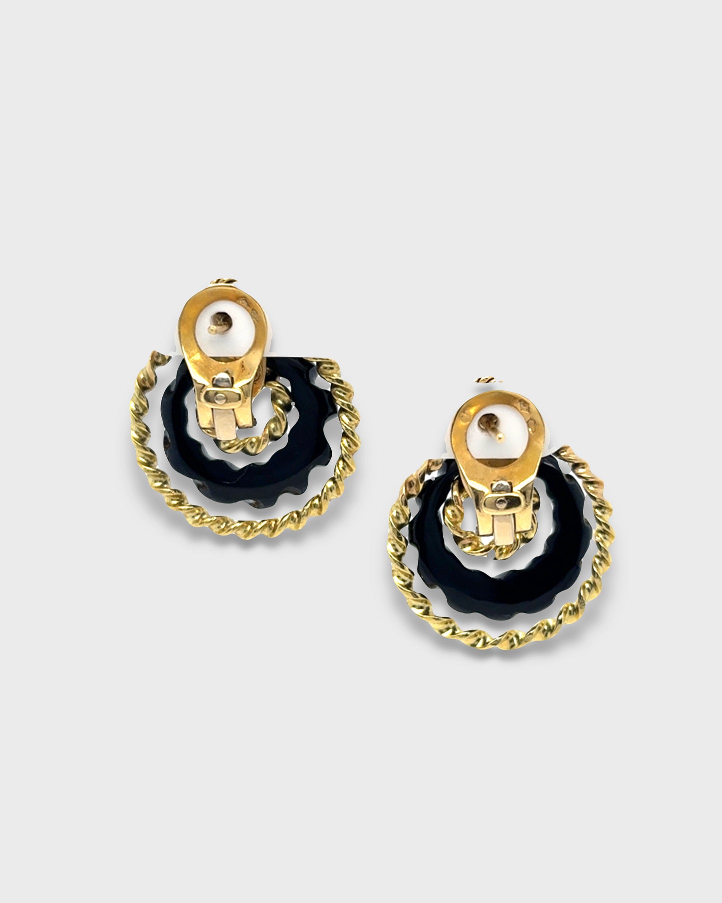FRED PARIS YELLOW GOLD, DIAMOND & ONYX HOOP EARRINGS, 1980s