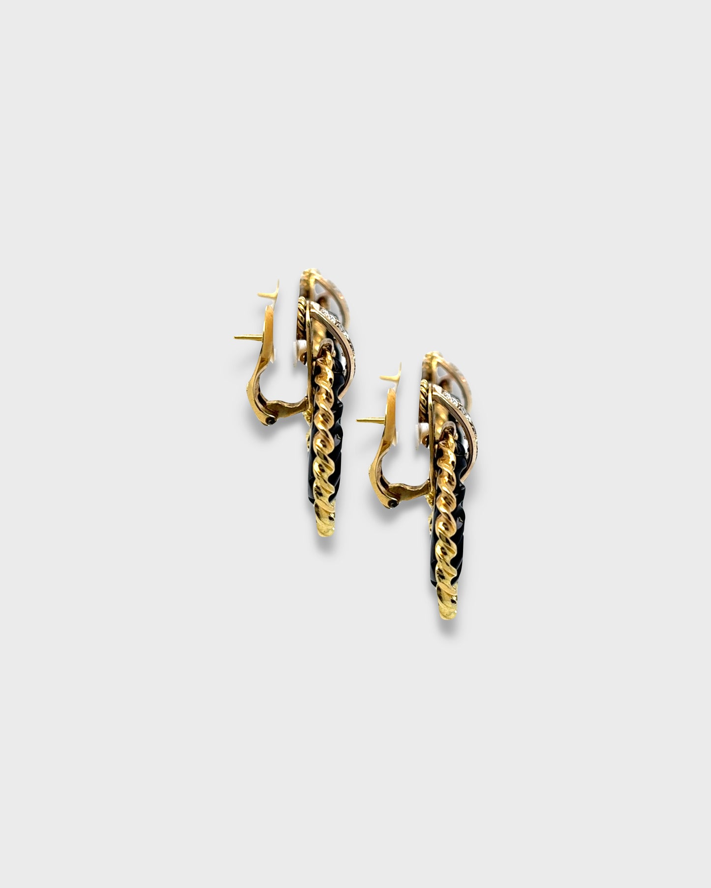FRED PARIS YELLOW GOLD, DIAMOND & ONYX HOOP EARRINGS, 1980s