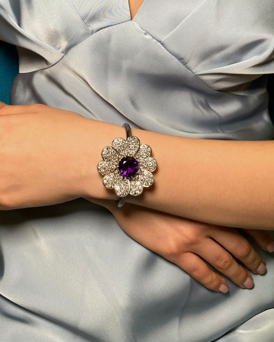 AMETHYST & DIAMONDS, SILVER & WHITE GOLD CONVERTIBLE BRACELET & BROOCH, 1950s