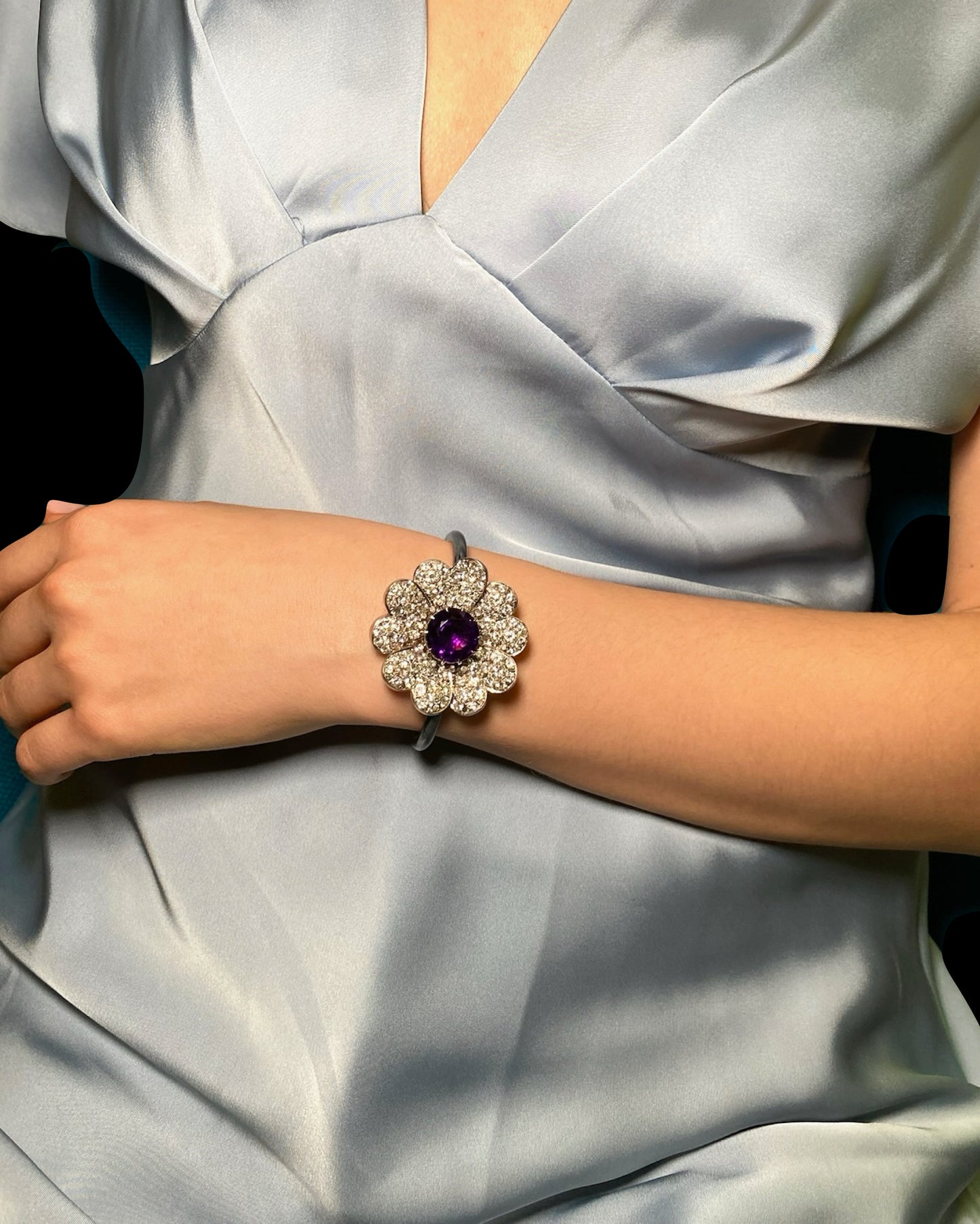 AMETHYST & DIAMONDS, SILVER & WHITE GOLD CONVERTIBLE BRACELET & BROOCH, 1950s