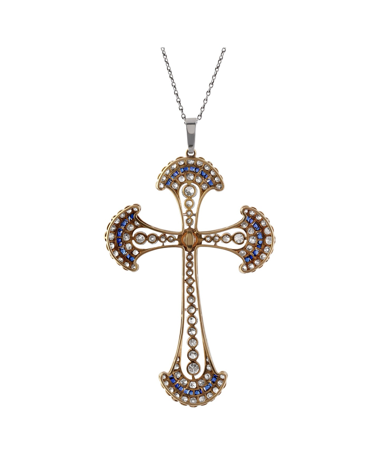 EDWARDIAN SAPPHIRE, DIAMOND, PEARL & WHITE GOLD CROSS NECKLACE, 1910s