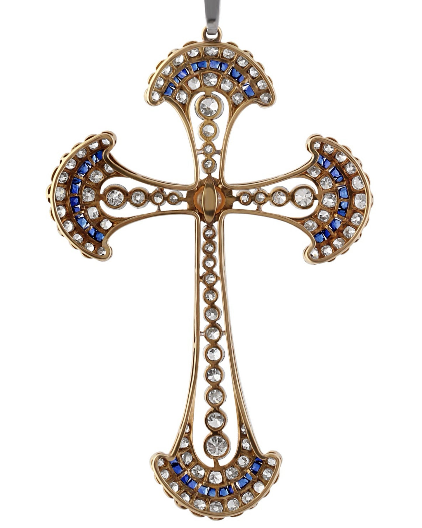 EDWARDIAN SAPPHIRE, DIAMOND, PEARL & WHITE GOLD CROSS NECKLACE, 1910s