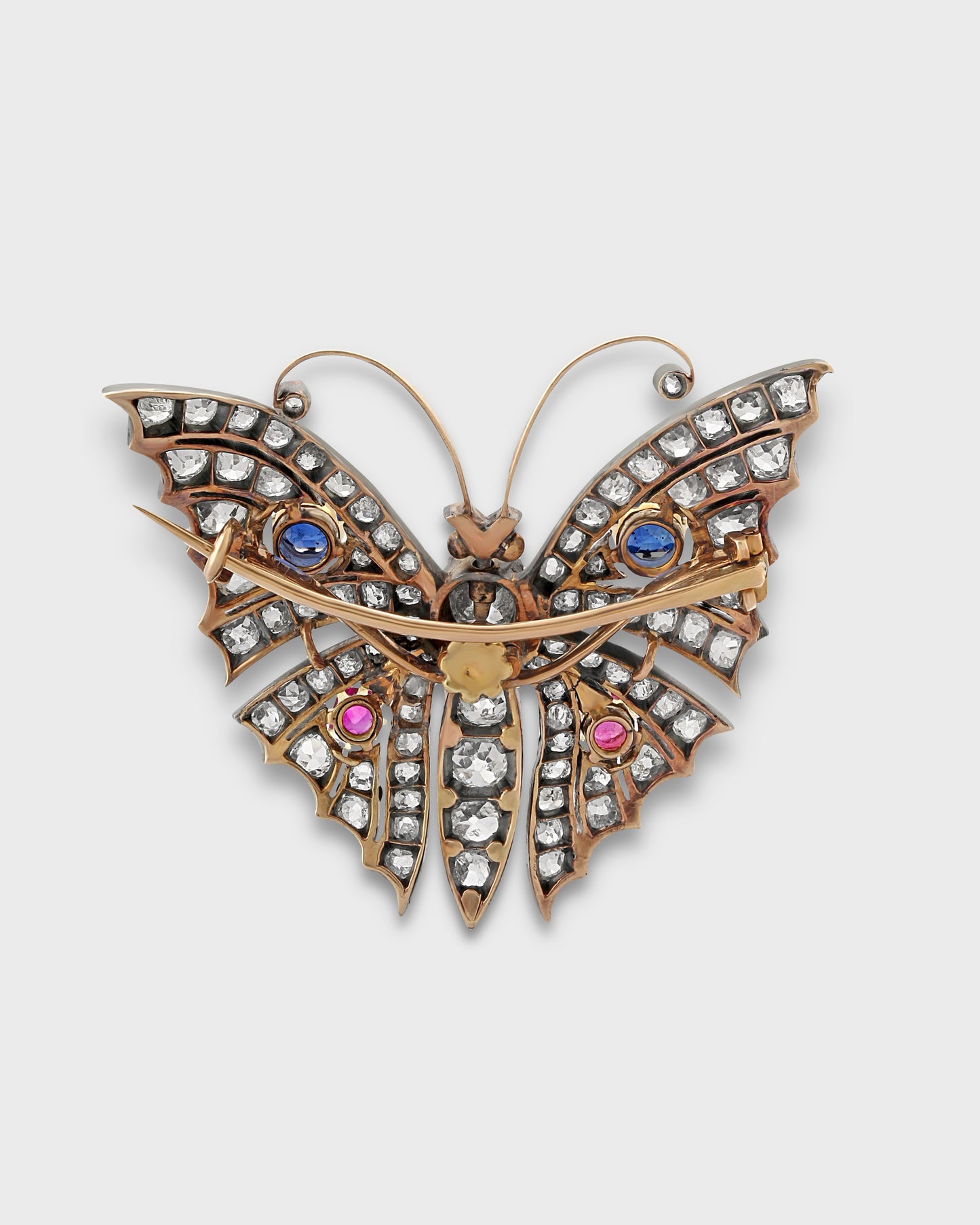 RUBIES, SAPPHIRES, DIAMONDS, SILVER & GOLD BUTTERFLY BROOCH, 1890s