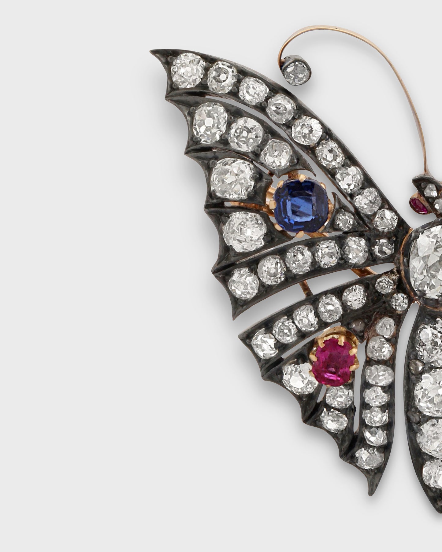 RUBIES, SAPPHIRES, DIAMONDS, SILVER & GOLD BUTTERFLY BROOCH, 1890s