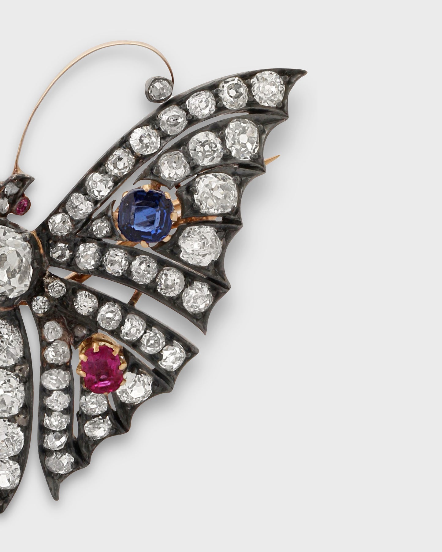 RUBIES, SAPPHIRES, DIAMONDS, SILVER & GOLD BUTTERFLY BROOCH, 1890s