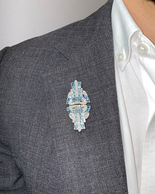 ART DÉCO AQUAMARINES, DIAMONDS & WHITE GOLD DOUBLE BROOCH, 1920