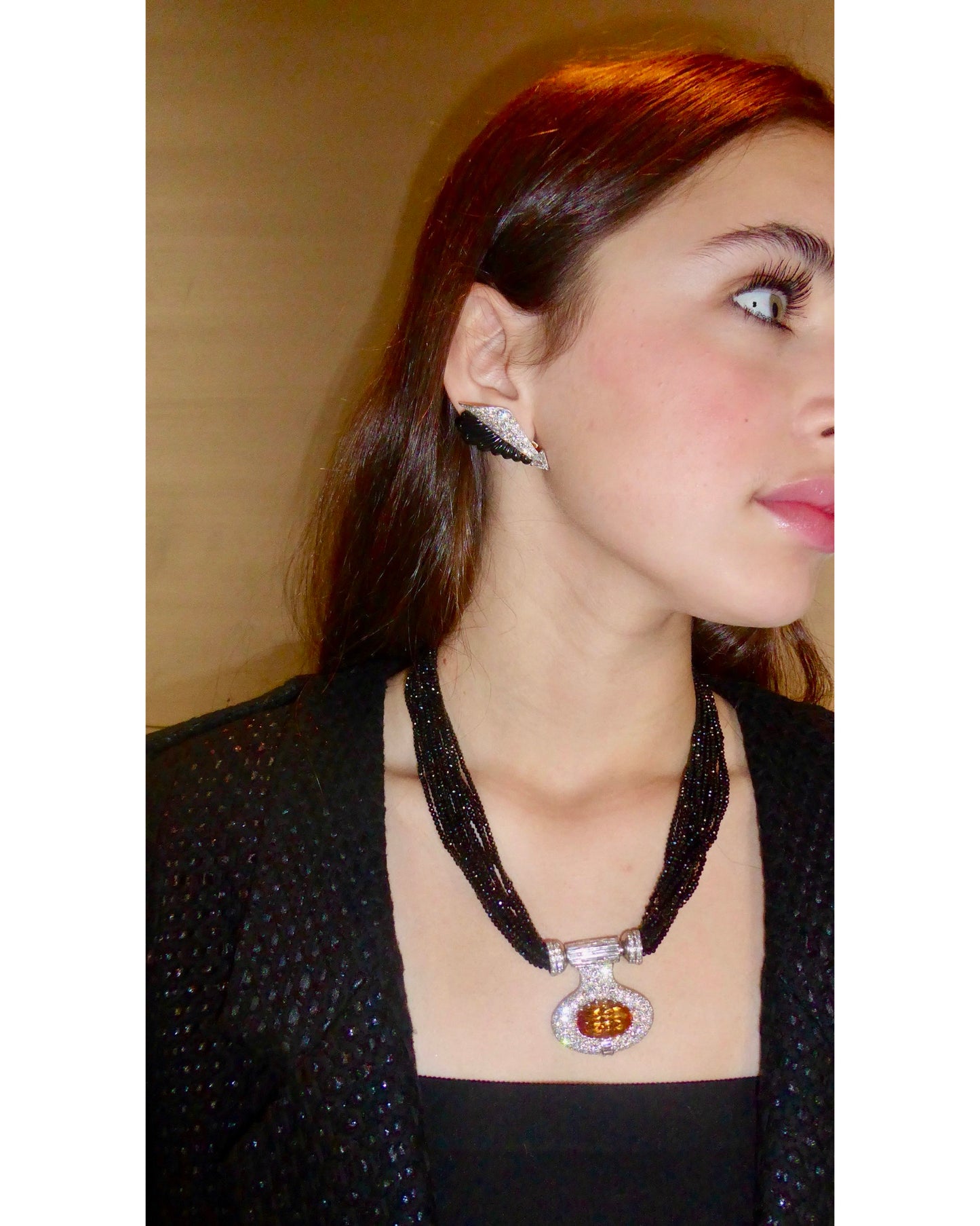 ART DÉCO TOPAZ, DIAMOND & ONYX BEAD STRAND CONVERTIBLE PENDANT NECKLACE