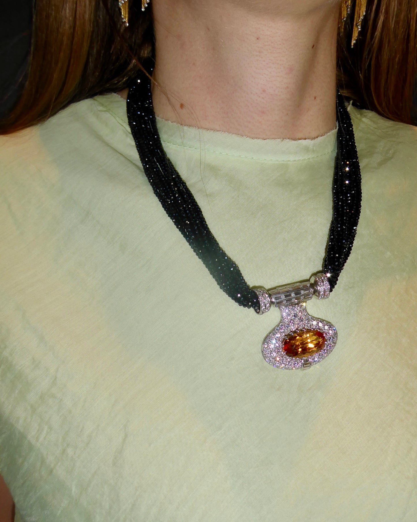 ART DÉCO TOPAZ, DIAMOND & ONYX BEAD STRAND CONVERTIBLE PENDANT NECKLACE