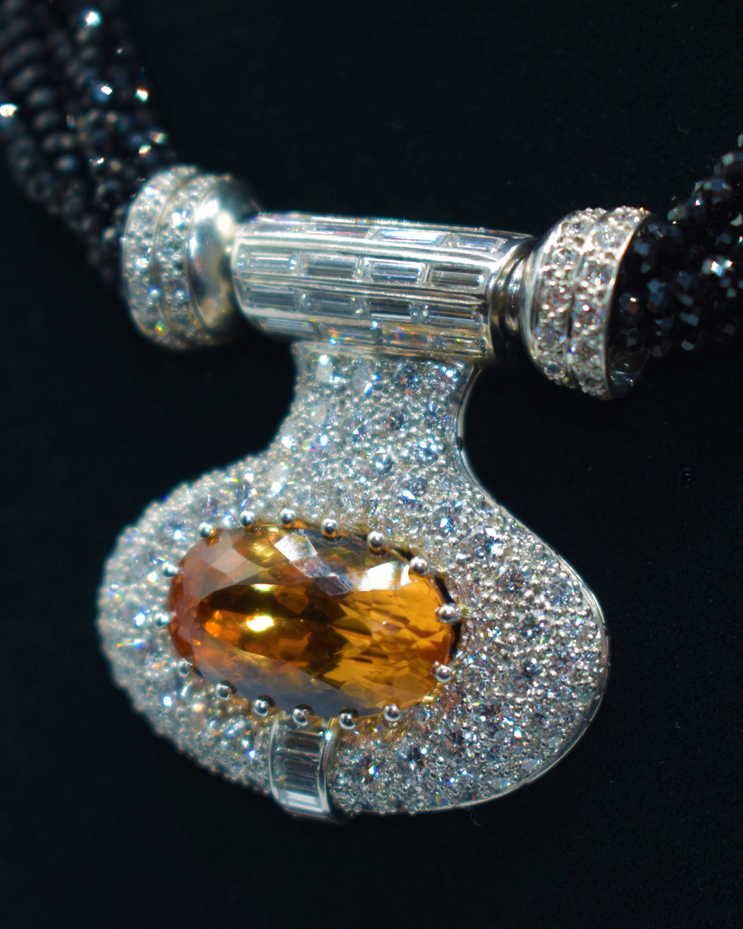 ART DÉCO TOPAZ, DIAMOND & ONYX BEAD STRAND CONVERTIBLE PENDANT NECKLACE