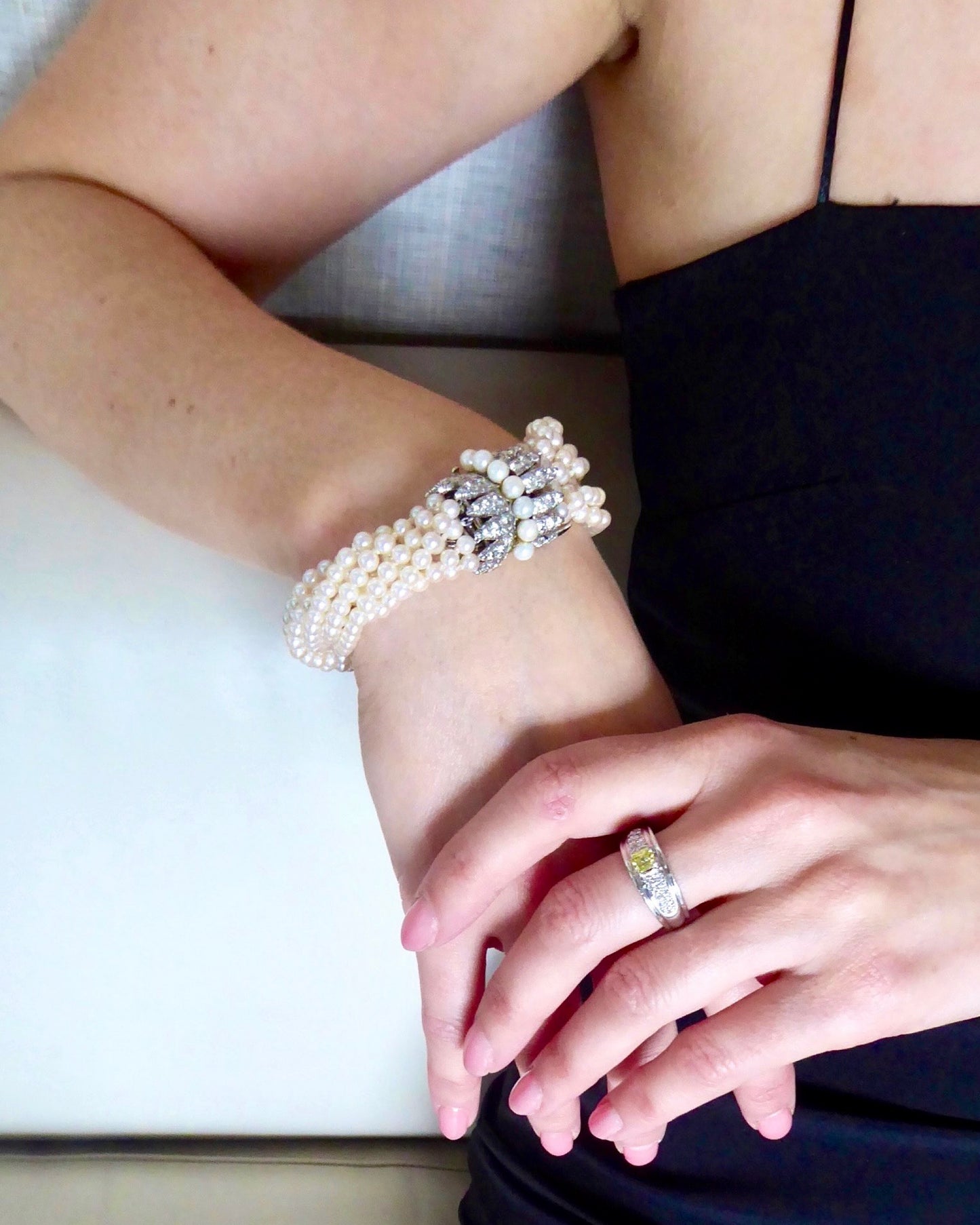VAN CLEEF & ARPELS PEARL, DIAMOND & PLATINUM BRACELET, 1950s