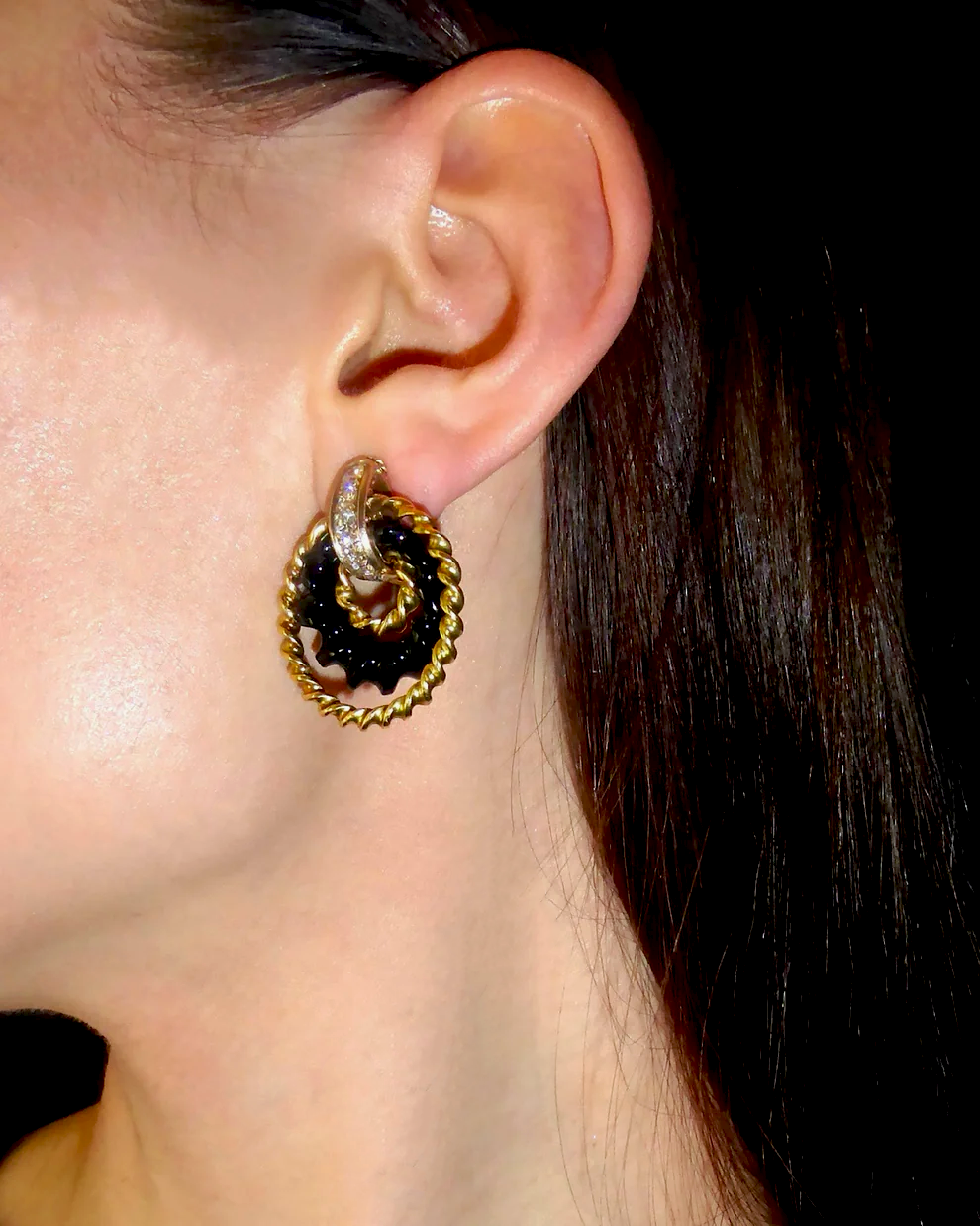 FRED PARIS YELLOW GOLD, DIAMOND & ONYX HOOP EARRINGS, 1980s