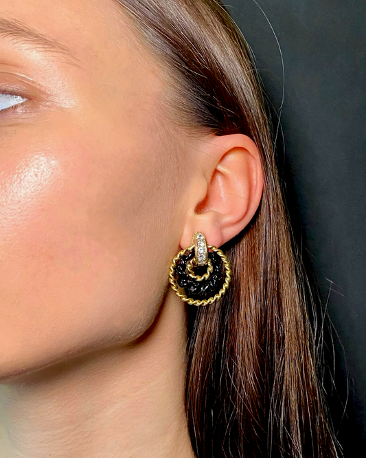 FRED PARIS YELLOW GOLD, DIAMOND & ONYX HOOP EARRINGS, 1980s