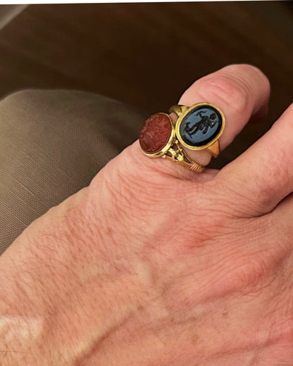 PAIR OF ANTIQUE INTAGLIO, CHALCEDONY, CARNELIAN & GOLD RINGS