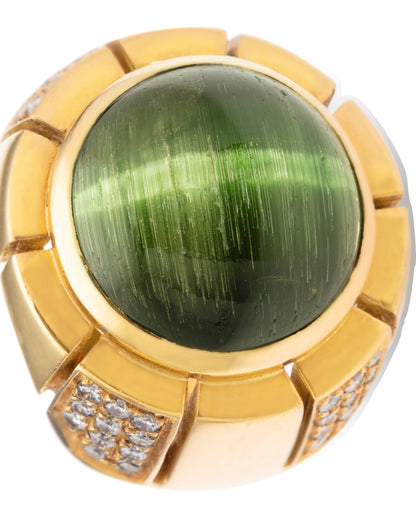 CAT'S EYE TOURMALINE, DIAMOND & YELLOW GOLD COCKTAIL RING, 1970s