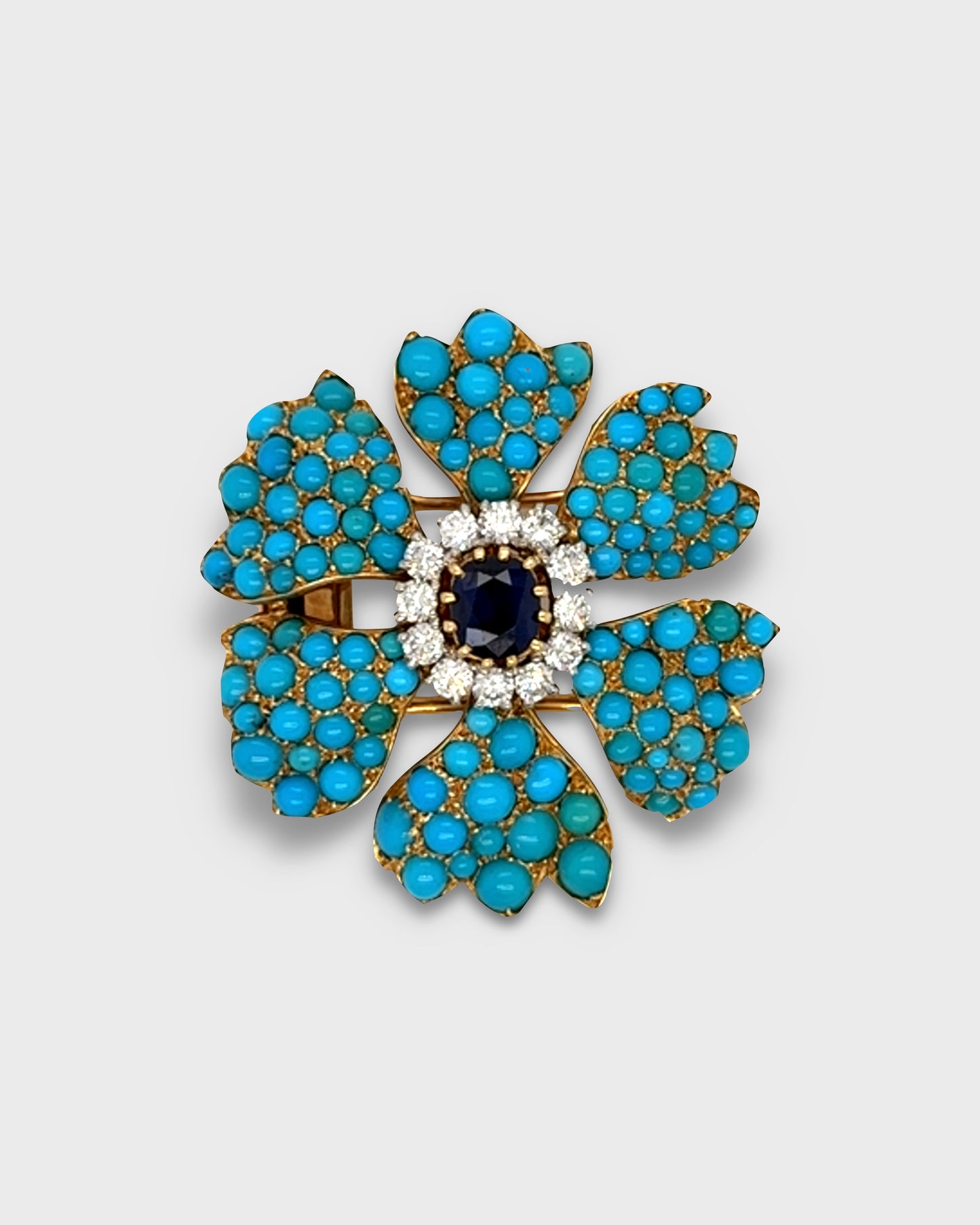 CARTIER PARIS TURQUOISE, SAPPHIRE, DIAMONDS & YELLOW GOLD FLORAL BROOCH, 1960s
