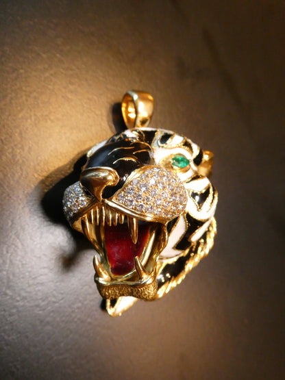 DAVID WEBB DIAMOND, EMERALD & ENAMEL TIGER PENDANT NECKLACE, 1970s