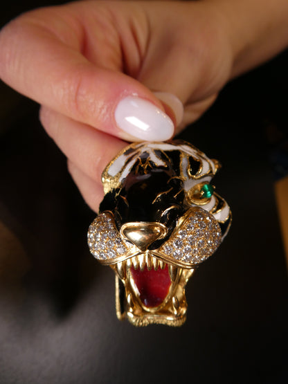 DAVID WEBB DIAMOND, EMERALD & ENAMEL TIGER PENDANT NECKLACE, 1970s