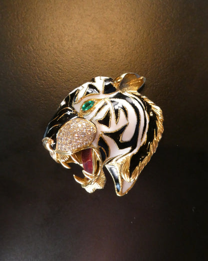 DAVID WEBB DIAMOND, EMERALD & ENAMEL TIGER PENDANT NECKLACE, 1970s