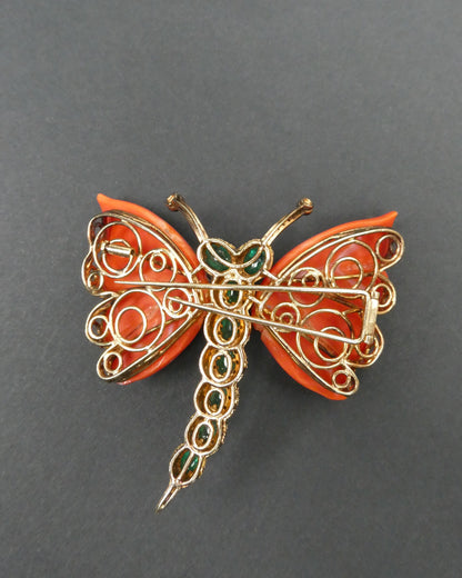 A MONUMENTAL ITALIAN BUTTERFLY BROOCH with eight cabochon emeralds and diamonds over coral